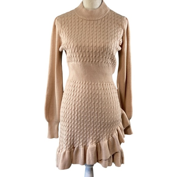 Anthropologie Flat White Ruffled Sweater Mini Dress Size L Cream - Picture 2 of 11